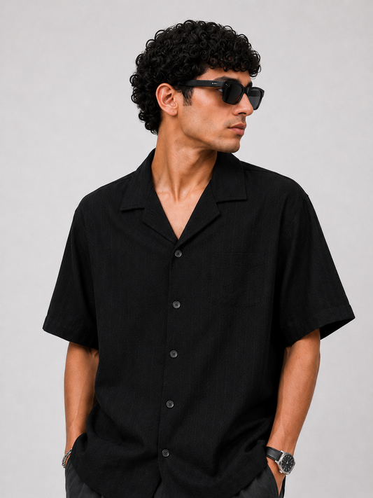 ZARA TEXTURED CUBAN COLLAR SHIRT (BLACK)