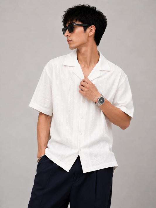 ZARA TEXTURED CUBAN COLLAR SHIRT (BEIGE)